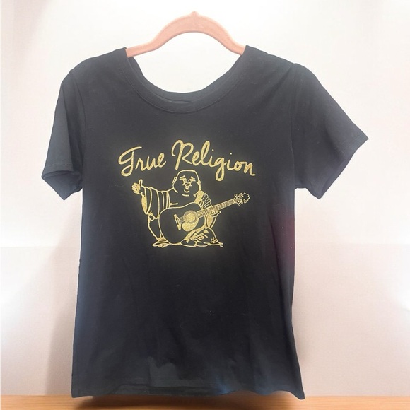 True Religion World Tour Baby Tee T Shirt L (14/16 years )Black Gold - Picture 1 of 1